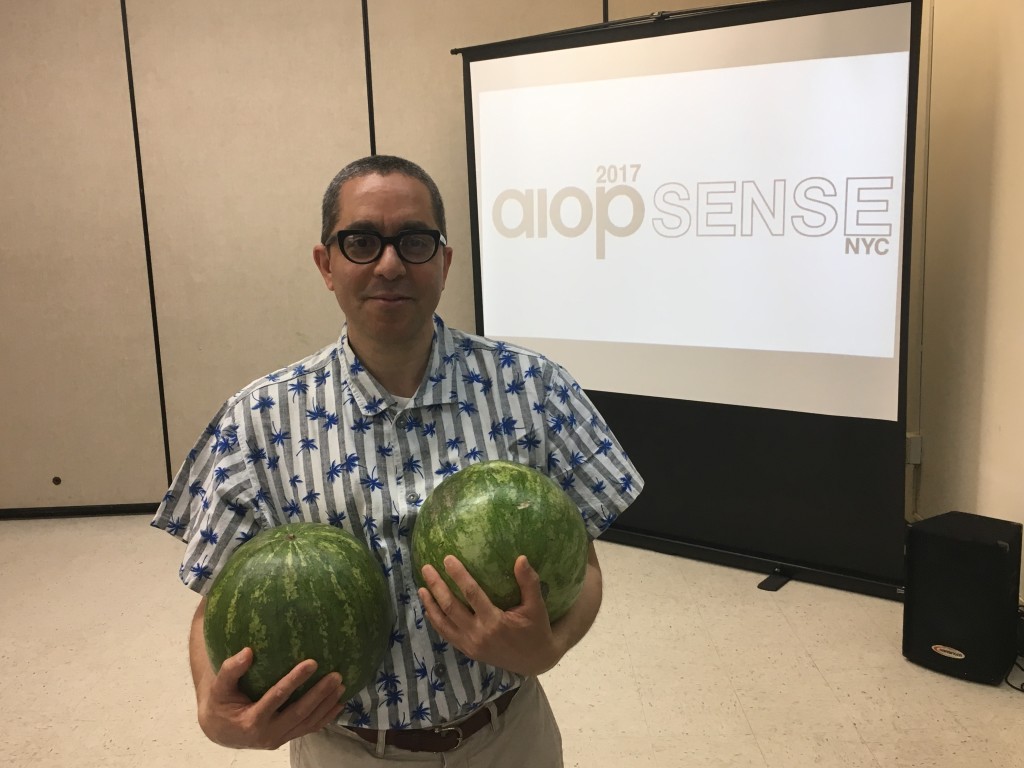Curator Nicolás Dumit Esteves with some watermelons. 